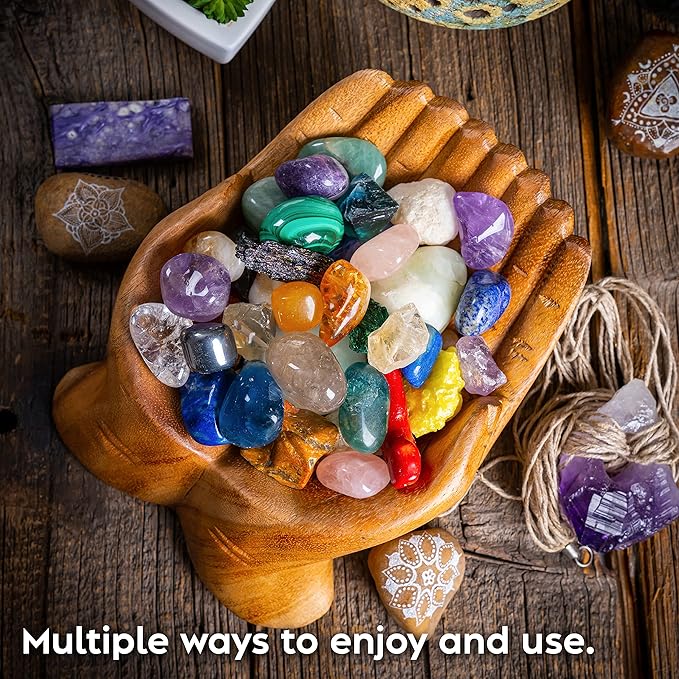 Curawood Carved Hands Offering Bowl - Crystal Holder for Stones, Rock Collection Holder, Crystal Display Storage Tray, Wooden Hands Bowl for Keys - Rock Display Case for Shelf, Stand, Altar Decor (M)