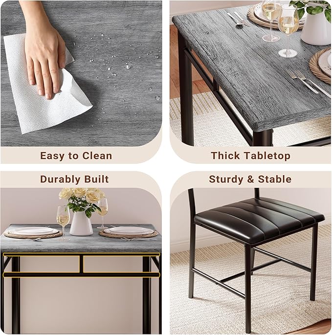 IRONCK Dining Table Set for 2, Small Kitchen Table with Upholstered Chairs for Kitchen & Dining Room, Compact Dining Set for Small Spaces, Gray