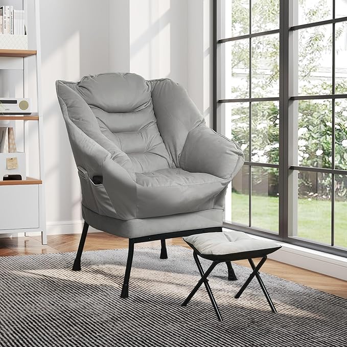 HOMCOM Modern Lazy Chair with Ottoman, Fabric Lounge Accent Chair, Leisure Sofa Armchair with Armrests, Side Pockets, Upholstered Reading Chair and Footstool Set for Living Room, Bedroom, Light Gray