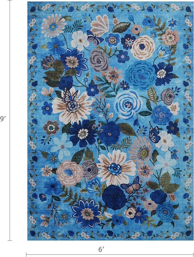 Floral Washable 6x9 Area Rugs, Soft Bedroom Rug for Living Room Ultra-Thin Non Slip Dining Room Rug, Stain Resistant Rugs Easy Clean Throw Carpet for Office(6 x 9, Blue Garden)