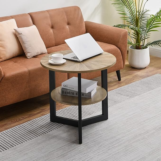MODERION Round Large End Table with 2 tire Storage Shelf, 25.2” Solid Wood Sofa Side Table with Black Metal Frame, Beside Table for Living Room,Small Space Rustic Natural CJZ1338
