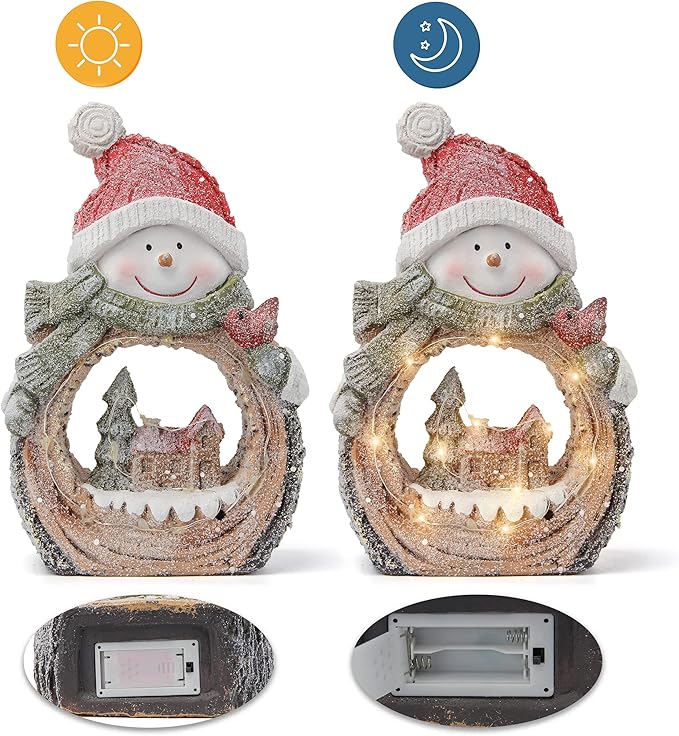 Snowman Statue with LED Lights for Christmas Decorations,Holiday Decor Figurine for Shelf Bookshelf Desk Fireplace Home Decor Accents,Indoor Winter Frosty Battery Operated 6h Timer