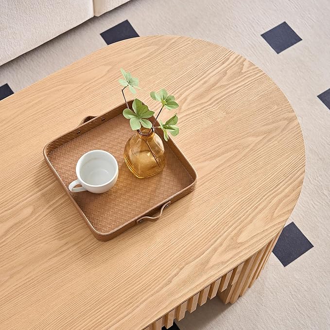 51.18'' Oval Wood Coffee Table with Drawer, Modern Center Table for Living Room, Oak
