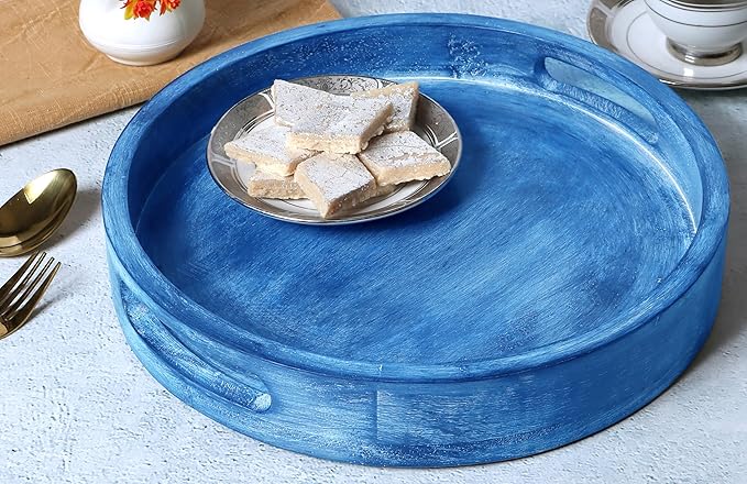 12" Decorative Wooden Serving Tray - Perfect for Breakfast, Lunch, Dinner, Appetizers, Patio, Ottoman, Coffee Table - Durable Living Room and Couch Tray (Blue) - CLEENTABLE