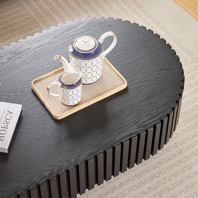 43.7'' Round Coffee Table for Living Room, Oval Coffee Table Modern Handcraft Drum Coffee Table Center Table Wood Small Coffee Table Side Table End Table with Sturdy Pedestal for Apartment,Black