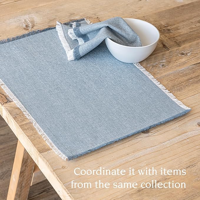 Over&Back Set of 4 Woven Frayed Chambray Placemats - Colorful Dining Table Mat - Hand-Finished Frayed Edges - 100% Cotton - Machine Washable - Kitchen and Home Decor - Blue - 14" L X 20" W