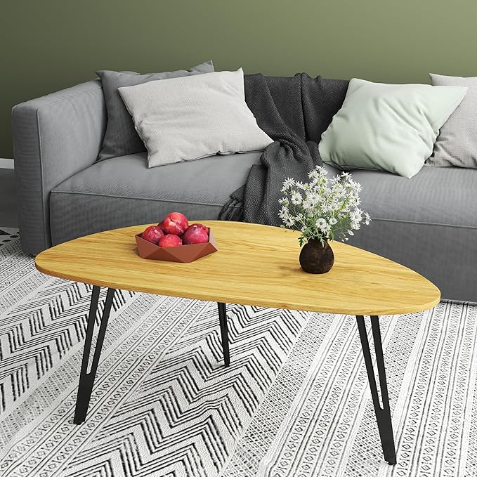 Manora Modern Mid Century Coffee Table, Oval Triangle Wood Center Table with Sturdy Metal Legs, Stylish Living Room Accent Table for Small Spaces