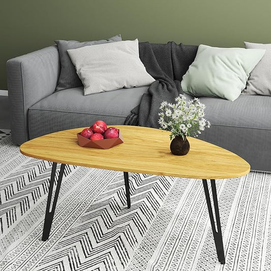Manora Modern Mid Century Coffee Table, Oval Triangle Wood Center Table with Sturdy Metal Legs, Stylish Living Room Accent Table for Small Spaces