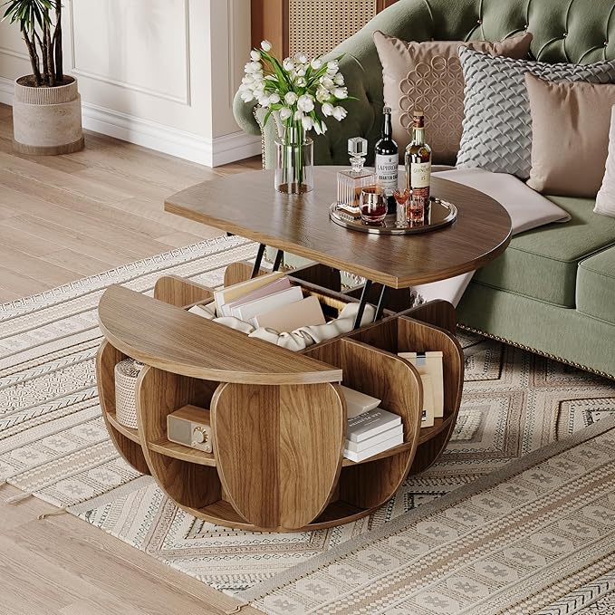 32.7" Lift Top Coffee Table with Storage, Wood Round Center Table with Hidden Storage Compartment & Shelves, Mid Century Modern Coffee Tables for Living Room Rustic Accent Small Center Table