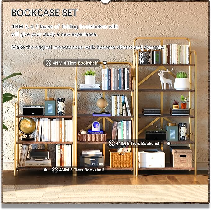 4NM No Assembly Folding Bookshelf, 5 Tiers Collapsible Book Shelves Open Industrial Foldable Storage Bookcase Shelf for Bedroom, Living Room, Home Office - Brown and Gold