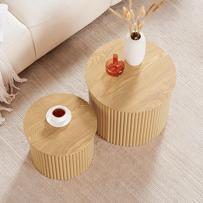 Fluted Round Nesting Coffee Table Set of 2, Small Coffee Table Circle Side Table, Boho Modern Wood Nesting Table Farmhouse End Tables Set for Living Room, Bedroom, Small Spaces(Natural)