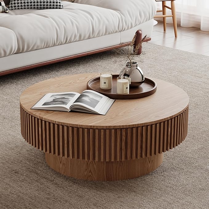 31.5'' Round Coffee Table for Living Room, Solid Wood Veneered Modern Nesting Coffee Tables with Storage, Circle Fluted Drum End Side Accent Tea Table for Apartment Office, Natural Wood