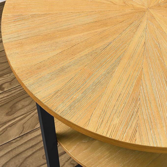 Round End Table with Storage Shelf, 25in Circel Accent Side Table with Metal Legs, 2-Tier Industrial Sofa Side Table for Living Room Bedroom, Oak