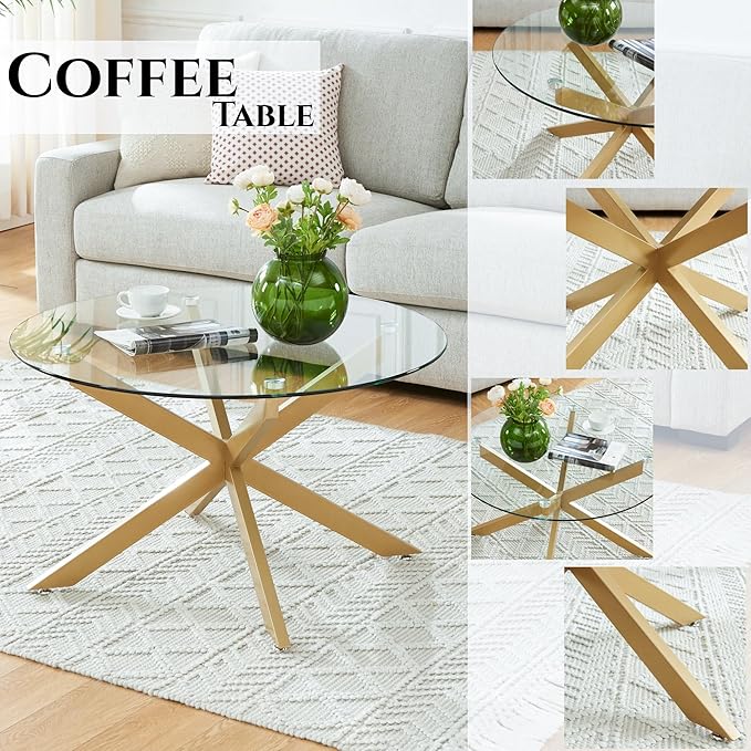 Round Glass Coffee Tables for Living Room, Home Office, Modern & Simple Center Table with Clear Tempered Glass Top, 35.5" Wx19.7 H Gold