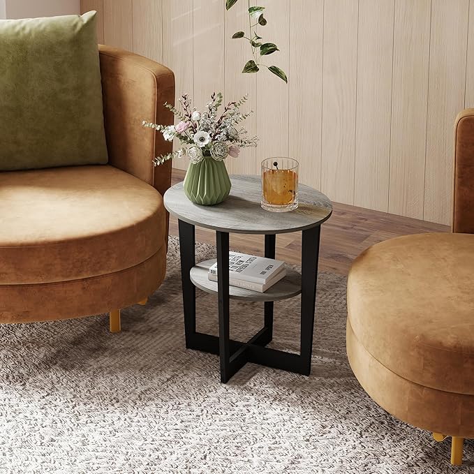Small End Table, Round Side Table with 2-Tier Open Storage for Living Room, Apartment, Home Office, Small Spaces, Grey