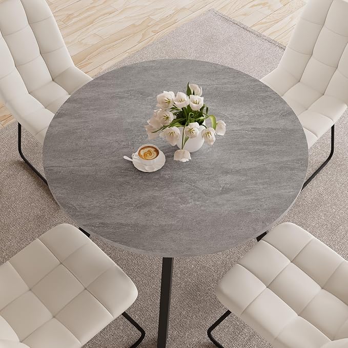 34.6'' Dining Table and Chairs for 4, Mid Century Modern Round Table Set, Space Saving for Apartment Kitchen Dining Room (Grey Table+4 U-Shaped White Chairs)