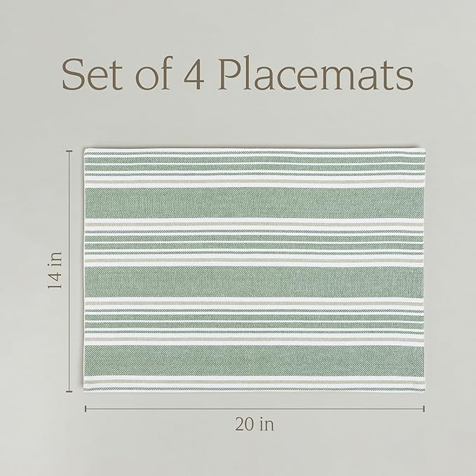 Over&Back Set of 4 Woven Placemats - Colorful Dining Table Mat - 100% Cotton - Machine Washable - Kitchen and Home Decor - Green - 14" L X 20" W