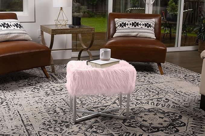 BIRDROCK HOME Rectangular Faux Fur Vanity Stool Ottoman w/White Metal Legs - Small Fluffy Makeup Seat - Cute Foot Rest for Bedroom, Desk, or Dressing Table - Compact Chair for Girls Dorm Room - Pink