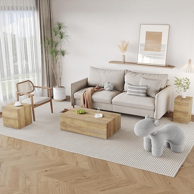Coffee Table Set for 3, Living Room Table Set, Wood Coffee Table and Side Table, Modern Coffee Table Set, Center Table Set, No Assembly Required - Ready to Use