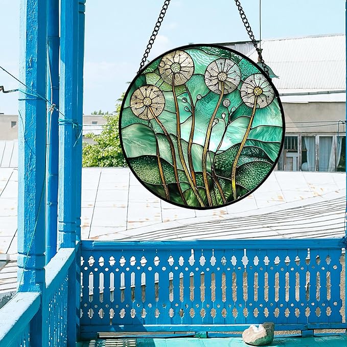 Stained Glass Window Hanging, Green Abstract Lotus Leaves Tree Sun Catcher for Window Door Home Decor Plant Suncatcher Christmas Mother's Day Birthday Gifts for Women Men Mom Nana 11.8 in