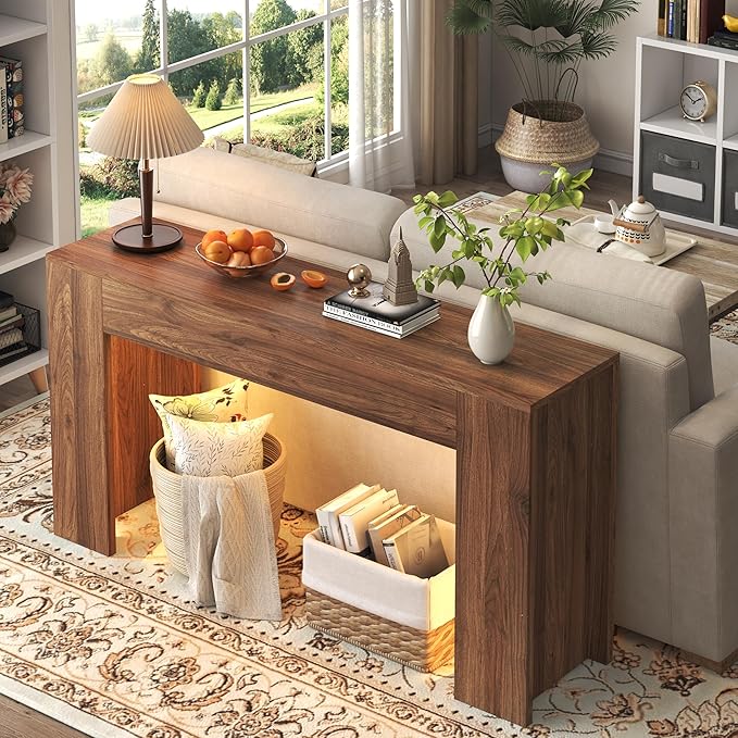 63-Inch Long Console Table with LED Light, Farmhouse Sofa Table Behind Couch, Wooden Console Table for Entryway Hallway Entrance Living Room, Brown