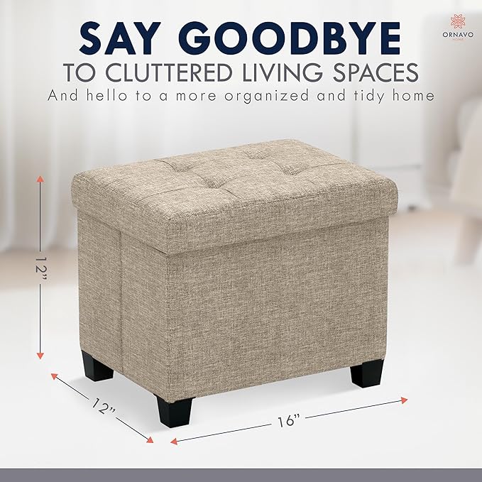 Ornavo Home Storage Ottoman Small Rectangle Ottoman with Legs, Foot Rest Stool Seat, Load up to 600 LB, for Living Room, Bedroom, Home Office, Dorm - 12 x 16 x 12, Tan