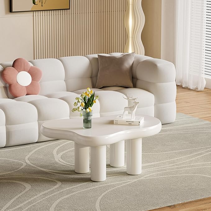 39.37" Cloud Coffee Table, Modern Coffee Table Small Coffee Table, 39.37 inch Wood Coffee Table Center Table, Cloud Shaped Accent Sofa Side Coffee Table for Living Room Apartment, Cream White