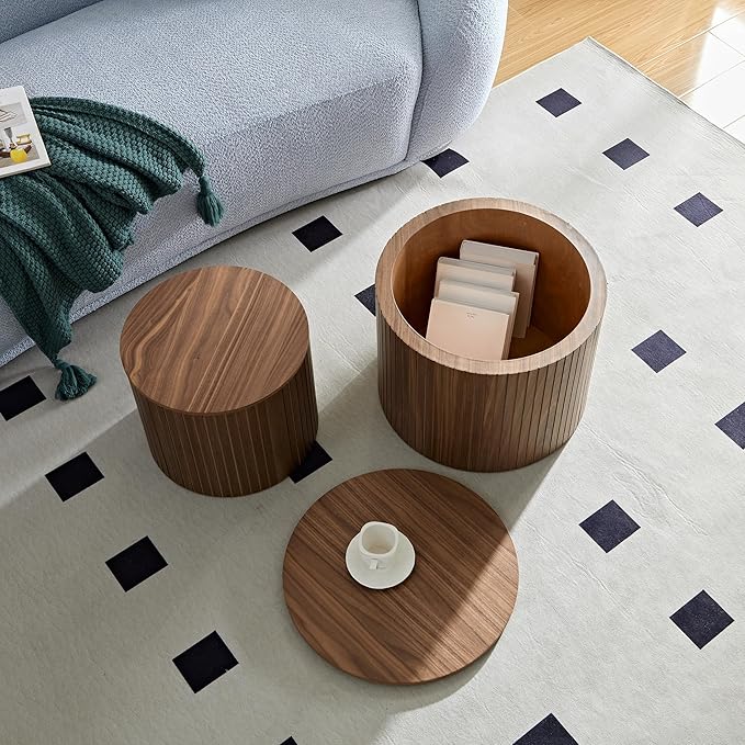 19.17" Nesting Coffee Table with Storage, Wooden Coffee Tables Set of 2, Circle Side Table for Small Spaces, Accent End Table for Living Room, Apartment, Office, Dorm.(Walnut)