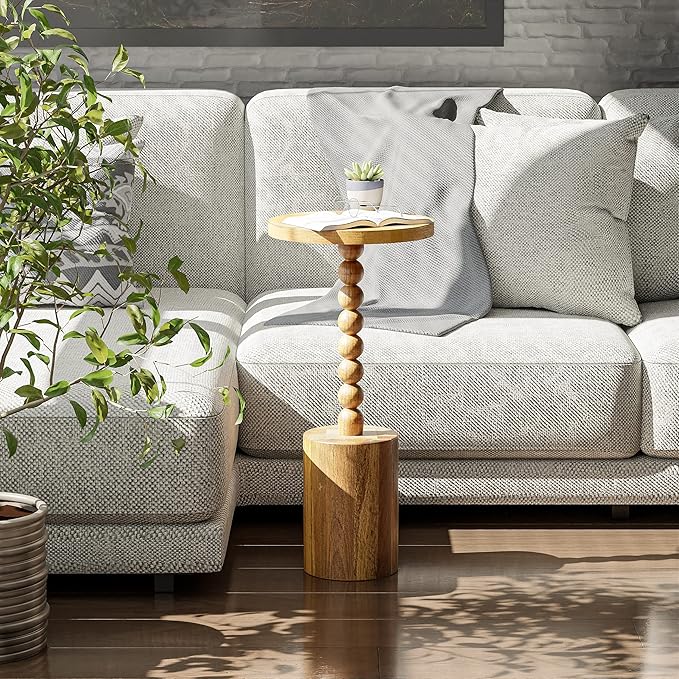 LONYKE Rustic Wood Drink Table, Round Martini Table Farmhouse Pedestal End Table with Base for Small Space Living Room, Bedroom, Natural Wood