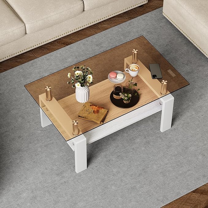 Modern 2-Tier Coffee Table with Tempered Glass Top, MDF Shelf & Metal Legs, Rectangular Living Room Center Table, Sturdy & Stylish Table for Small Spaces, Lounge or Office