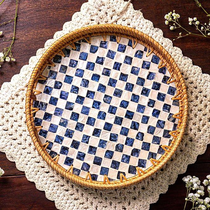 JUNGLE CULTURE Large Rattan Serving Tray 14" with Mother of Pearl Inlay • Coastal Boho Collection • Handcrafted Serving Tray with Handles • Round Woven Table Trays for Home • Wicker Basket – Drift