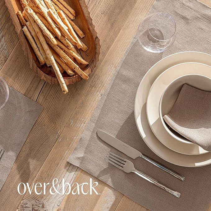Over&Back Set of 4 Washed 100%-Linen Woven Placemats - Colorful Dining Table Mat - Machine Washable - Kitchen and Home Decor - Taupe