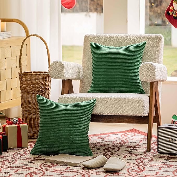 Home Brilliant Throw Spring Pillow Covers 26x26 Euro Sham Covers Super Soft Striped Corduroy Decorative for Couch Bench Sofa Bedroom Patio Furniture, Set of 2, 26 x 26 inch, Moss Green