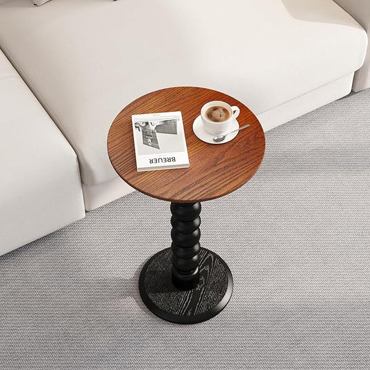 Solid Wood Round Side Table, Small Drink Table,Cocktail Table, Wooden Pedestal End Table, Plant Stand for Living Room, Bedroom，Office and Corners(Walnut/Black)