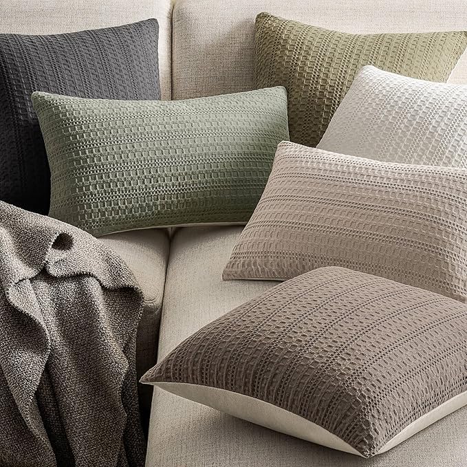 ZeeMart 100% Cotton Waffle Textured Throw Pillow Covers Set of 2, 16x16 Inch Taupe, Soft Farmhouse Decorative Couch Pillow Cases Light Brown Cushion Covers for Sofa Bed Living Room Home Decor