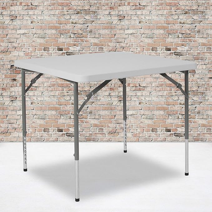 EMMA + OLIVER 2.79-Foot Square Height Adjustable Granite White Plastic Folding Table