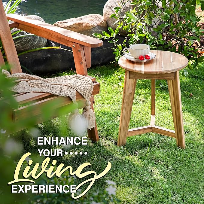 Round Side Table – Acacia Wood End Table for Living Room or Bedroom – Light Natural Wood Finish, Compact Nightstand or Accent Table for Sofas & Beds (13x16 x13 Inches)