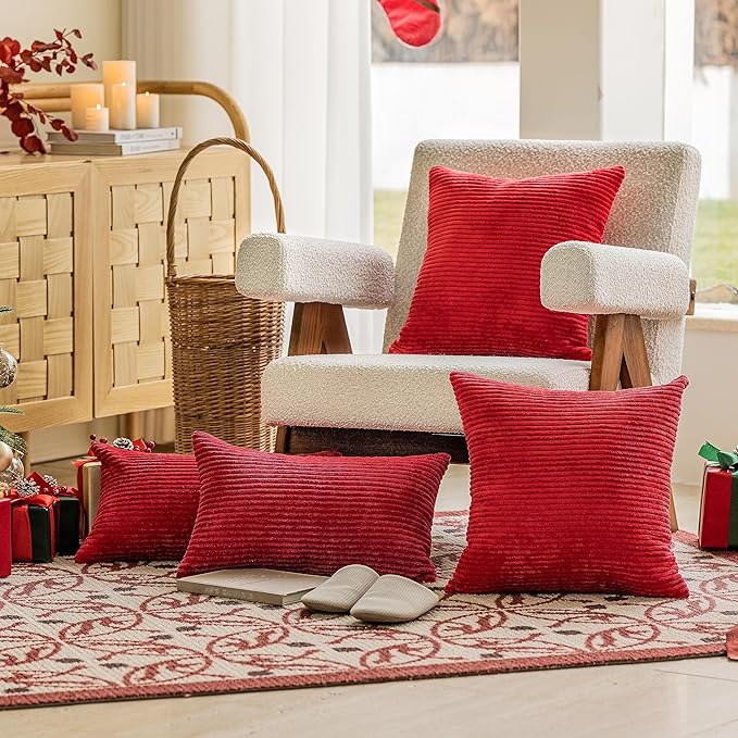 Home Brilliant Red Pillow Covers 12x20 Throw Pillows for Couch Pack of 2 Striped Corduroy Lumbar Rectangle Indoor Pillow Cover Holiday Bench Sofa Couch Christmas, 12 x 20 inch, Red