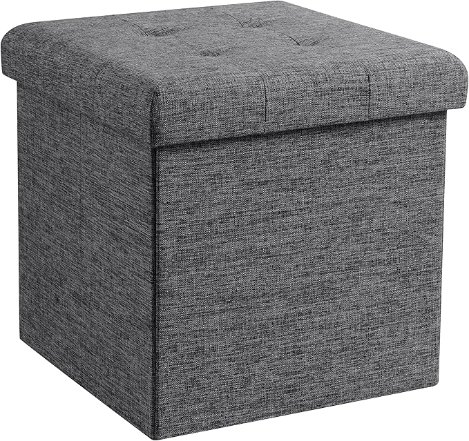 Ornavo Home Foldable Tufted Linen Storage Ottoman Square Cube Foot Rest Stool/Seat - 15" x 15" x 15" (Charcoal)