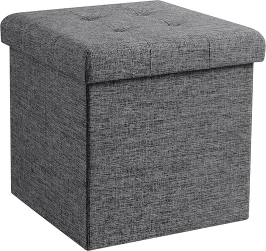 Ornavo Home Foldable Tufted Linen Storage Ottoman Square Cube Foot Rest Stool/Seat - 15" x 15" x 15" (Charcoal)