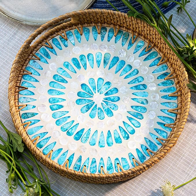 JUNGLE CULTURE Rattan Serving Tray 12" with Mother of Pearl Inlay • Coastal Boho Collection • Handcrafted Woven with Handles for Home • Round Dining Table Tray • Wicker Serving Basket – Ripple