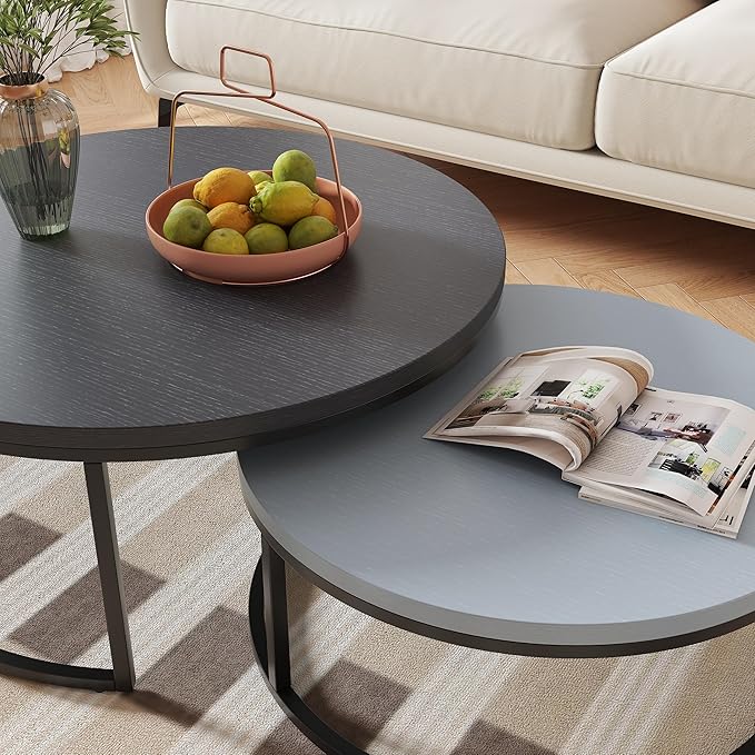 Round Nesting Coffee Table Set of 2, Modern Minimalist Accent Tables for Living Room, Bedroom, Office, Stackable Side Tables (Light & Dark Grey)