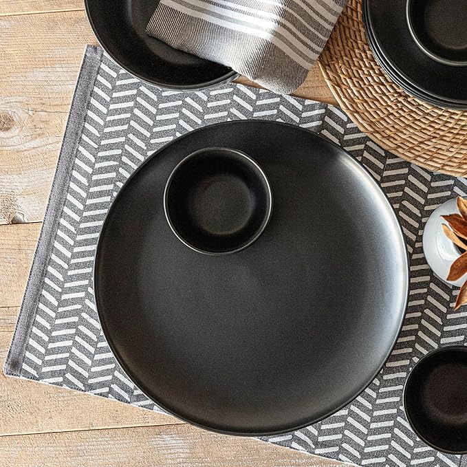 Over&Back Set of 4 Hand-Blocked Placemats - Colorful Dining Table Mat - Each Placemat is Unique - 100% Cotton - Machine Washable - Kitchen and Home Decor - Grey Herringbone