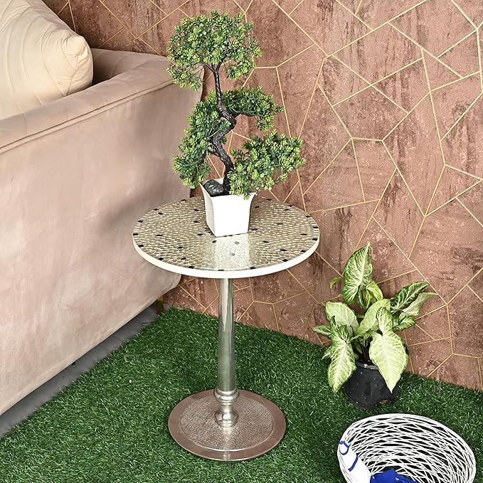 CLEENTABLE Mosaic Round End Table - Top End Tables for Living Room & Bedroom - Modern Side Table with Durable Enamel Top & Metal Legs - Lightweight Accent Table for Sofa, Bed (Ivory Silver)