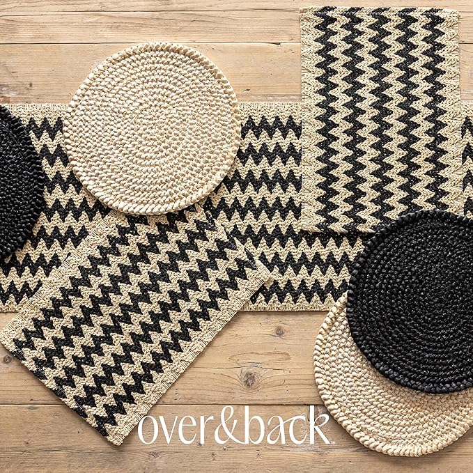 Over&Back Set of 4 Woven Fiber Placemats - Dining Table Mat - Made with Natural Paper Fibers - Kitchen and Home Decor - Chevron - Black