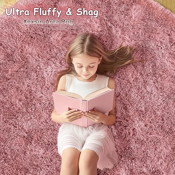 Round Fluffy Rugs 5Ft for Girls Bedroom, Blush Pink Shag Circle Kids Rug Non-Slip for Bedside Dorm Nursery Playroom, Soft Cute Area Rugs for Living Room Decor