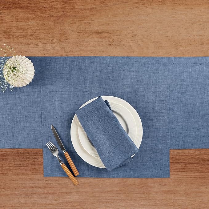 Solino Home Linen Table Runner 132 Inches Long - Athena, 100% Pure Linen Blue Denim Dining Table Runner 14 x 132 Inch for Christmas