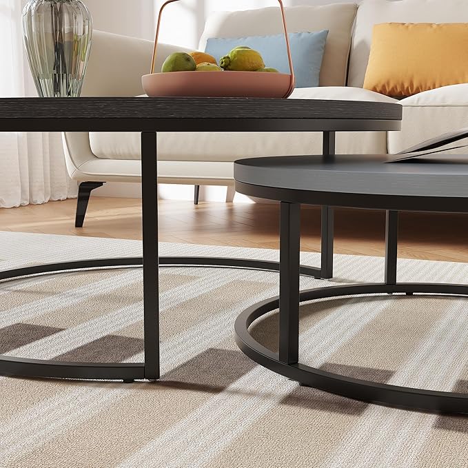 Round Nesting Coffee Table Set of 2, Modern Minimalist Accent Tables for Living Room, Bedroom, Office, Stackable Side Tables (Light & Dark Grey)
