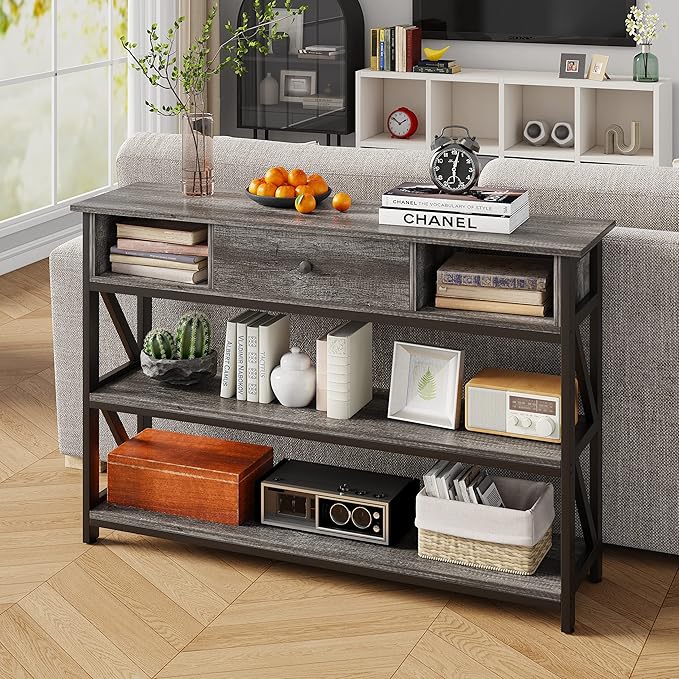 Mexin 47 Inch Console Sofa Table with Drawer, Industrial Entryway Table with Storage Shelves, Storage Organizer for Hallway Living Room Couch Foyer Kitchen Counter, Grey Oak