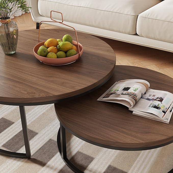 Round Nesting Coffee Table Set of 2, Modern Minimalist Accent Tables for Living Room, Bedroom, Office, Stackable Side Tables (Espresso)
